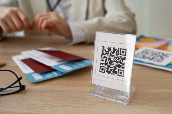 qr code scan me sur bureau et scanning du qr code par une femme